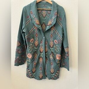 Coldwater Creek Vintage  Green Cotton Juniper Women’s S/M embroidered cardigan
